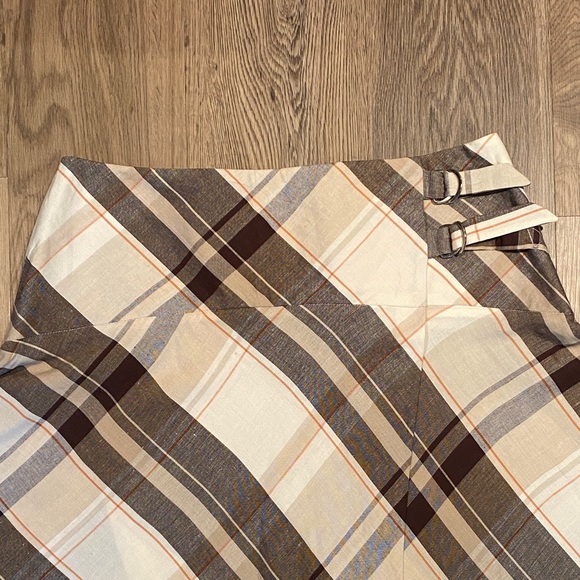 NYGARD Cream Brown Plaid Asym Wrap Midi Skirt Linen Blend D-Ring US 14 - Picture 6 of 16